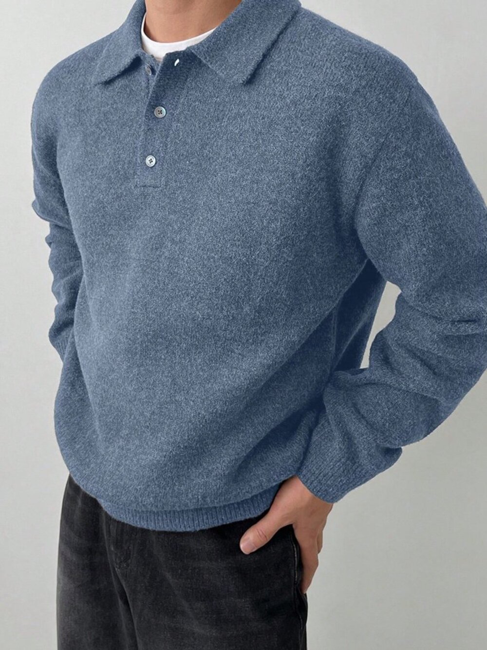 Blue Casual Men's Button-Up Casual Long Sleeve Sweater - Picture 2 of 5